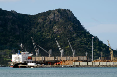 WHANGAREI,NZ - JULY 28:Ship, wood logs and cranes in Northport on July 28 2013.It's situated in Northland at the entrance to Whangarei Harbour, making it the northernmost multi-purpose port in New Zealand.のeditorial素材