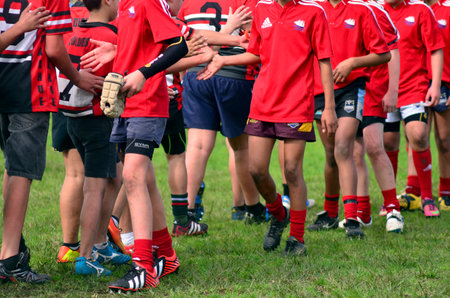 KAITAIA, NZ - AUG 03: People plays Rugby on Aug 03 2013.Rugby union is the unofficial national sport of NZ. The national team, the All Blacks, rank as the top international team in the world.のeditorial素材