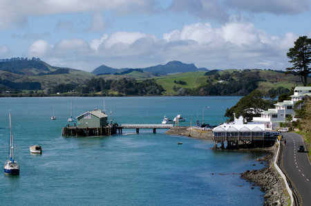 MANGONUI, NZ - AUG 24:Aerial landscape view of Mangonui harbor on Aug 24 2013.Mangonui is an historic village of one of the oldest European settlements in NZ set in beautiful scenic of Doubtless Bay.のeditorial素材