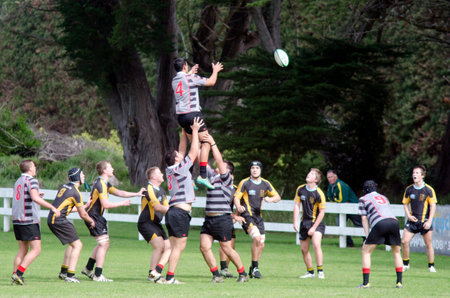 KAITAIA, NZ - AUG 03: People plays Rugby on Aug 03 2013.Rugby union is the unofficial national sport of NZ. The national team, the All Blacks, rank as the top international team in the world.のeditorial素材