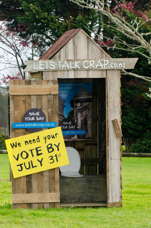 KERIKERI, NZ - JULY 28:Outhouse toilets on July 28 2013.In NZ many towns grow to fast in the past 25 year without upgrade the infrastructure sewerage system that risk the local population today.のeditorial素材