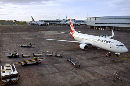 AUCKLAND - SEP 15: Qantas Airbus A330 plane in Auckland  International Airport on Sep 15 2013.Qantas is Australia's largest airline, the oldest continuously operated airline in the world.のeditorial素材