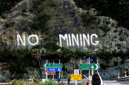 KAEO,NZ - SEP 15:No Mining protest sign on Sep 15 2013.Coal mining produced 5.3 millions tonnes of coal in 2010 but acid mine drainage from coal mining is a serious problem in New Zealand.のeditorial素材