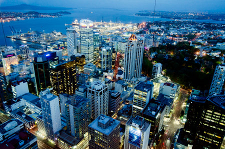 AUCKLAND, NZ - OCT 08: Aerial View of Auckland CBD at night from the Sky Tower on Oct 08 2013.Auckland is the largest Polynesian city in the world.のeditorial素材