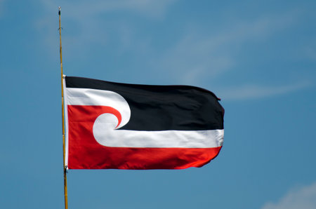 WAITANGI - FEB 6:The national Maori flag fly during Waitangi Day on February 6 2013 in Waitangi NZ.It's a New Zealand public holiday to celebrate the signing of the Treaty of Waitangi in 1840.のeditorial素材