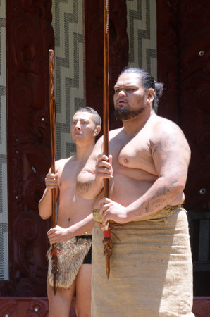 WAITANGI, NZ - FEB 06:Maori men preforming haka during Waitangi Day on February 6 2014 in Waitangi NZ.It's a New Zealand public holiday to celebrate the signing of the Treaty of Waitangi in 1840.のeditorial素材