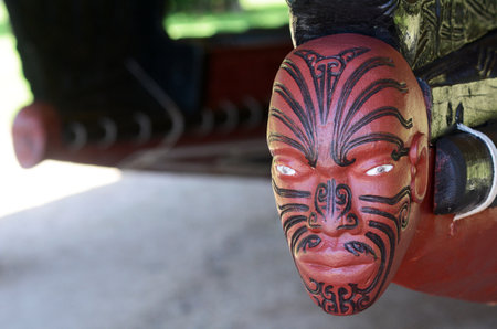 WAITANGI - JAN 07: Wood curving decoration on the 35 metre Maori Waka war canoe on Jan 07 2014 in Waitangi National Reserve, Bay of Islands, Far North District, Northland Region, New Zealand NZ.のeditorial素材
