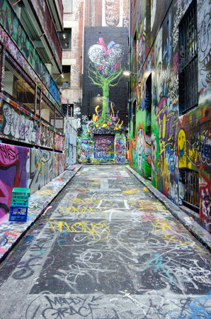 MELBOURNE, AUS - APR 10 2014:Graffiti artwork in Hosier Lane.Hosier lane is a much celebrated landmark in Melbourne mainly due to its sophisticated graffiti urban art.のeditorial素材