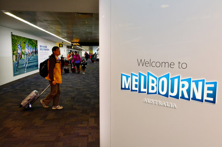 MELBOURNE - APR 10 2014:Passengers arrive to Melbourne Airport.It was ranked the 43rd best airport for 2012 and reached 30 million passengers for the first time in the 12 months ending July 2013のeditorial素材