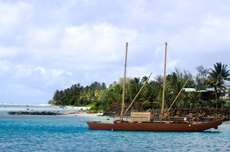 RAROTONGA - SEP 21:Doubled hulled vaka in Rarotonga on Sep 21 2013.The first sailing canoes emerged in ancient Polynesia over 1,000 years ago.のeditorial素材