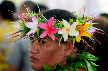 RAROTONGA - SEP 16:Pacific Islander Catholic woman at Saint Josephs Cathedral on Sep 16 2013.Saint Josephs Cathedral is the only Catholic Cathedral in the Cook Islands.のeditorial素材
