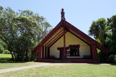 WAITANGI, NZ - JAN 07: Exterior view of the Maori Marae (meeting house) Treaty Grounds on Jan 07 2014 in Waitangi National Reserve, Bay of Islands, Far North District, Northland Region, New Zealand (NZ).のeditorial素材