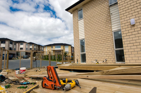 AUCKLAND,NZ - JAN 11:Working tools in new homes building site on JAN 11 2014.House prices are booming around New Zealand - with the average price of an Auckland city home rocketing to $735,692.のeditorial素材