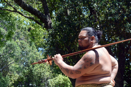 WAITANGI, NZ - FEB 06:Maori man preforming haka during Waitangi Day on February 6 2014 in Waitangi NZ.It's a New Zealand public holiday to celebrate the signing of the Treaty of Waitangi in 1840.のeditorial素材