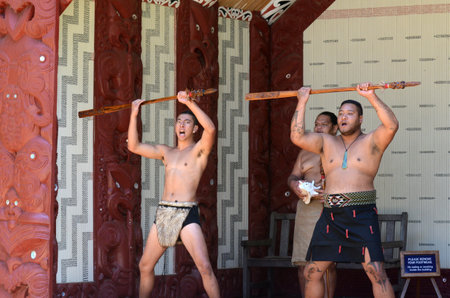 WAITANGI, NZ - FEB 06:Maori men preforming haka during Waitangi Day on February 6 2014 in Waitangi NZ.It's a New Zealand public holiday to celebrate the signing of the Treaty of Waitangi in 1840.のeditorial素材
