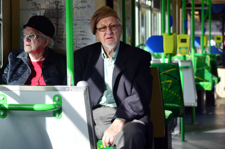MELBOURNE, AUS - APR 13 2014:Passengers on Melbourne tramway.It's the largest urban tramway network in the world, consisted of 250 km (155.3 mi) of track, 487 trams, 30 routes and 1,763 tram stopsのeditorial素材