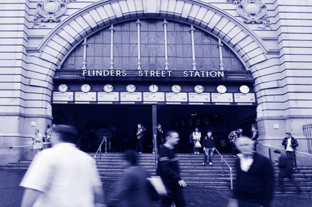 MELBOURNE, AUS - APR 11 2014:Flinders Street railway station entrance.It is the busiest station on Melbourne's metropolitan network, with some 92.6 million passenger movements recorded in 2011/12のeditorial素材