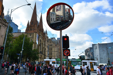 MELBOURNE, AUS - APR 13 2014:Traffic on Flinders Street .Melbourne is the capital and most populous city in the state of Victoria, and the second most populous city in Australia.のeditorial素材