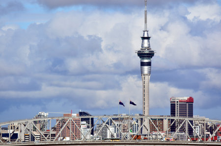 AUCKLAND,NZ - MAY 27 2014:Auckland Harbor Bridge in Auckland, New Zealand.It is the second-longest road bridge in New Zealand, and the longest in the North Island.のeditorial素材
