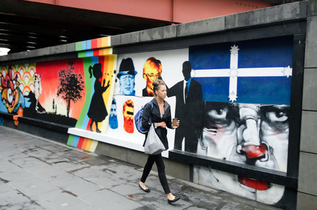 MELBOURNE, AUS - APR 11 2014:Street art in Melbourne.Melbourne was a major city in which stencil art was embraced at an early stage, leading to the naming of Melbourne as stencil capital of the worldのeditorial素材