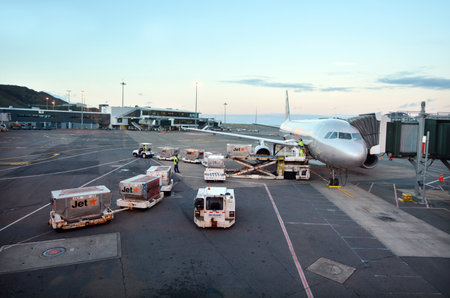WELLINGTON - AUG 21 2014:Jetstar Airways plane at Wellington International Airport.The airline was established by Qantas in 2003 as a low-cost domestic subsidiary.のeditorial素材