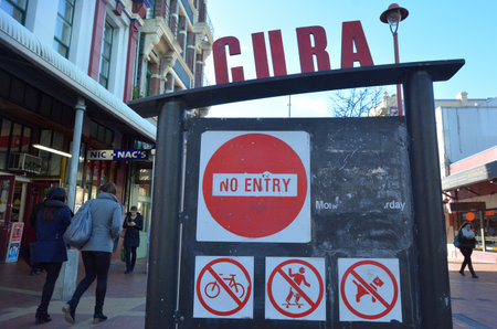 WELLINGTON - AUG 22 2014:Traffic on Cuba Street in Wellington, New Zealand.It is one of the most popular and prominent streets in Wellington, New Zealand.のeditorial素材