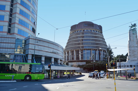 WELLINGTON - AUG 22 2014:The Beehive building - Parliament of NZ in Wellington city.It is so-called because of its shape is reminiscent of that of a traditional woven form of beehive.のeditorial素材