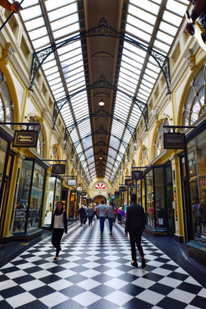 MELBOURNE - APR 13 2014:Visitors at the Royal Arcade in Melbourne, Australia.It's a significant Victorian era arcade shopping passage and one of the most famous tourist destinations in Melbourne.のeditorial素材