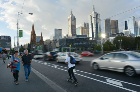 MELBOURNE, AUS - APR 13 2014:Traffic on Swanston Street.Melbourne is the capital and most populous city in the state of Victoria, and the second most populous city in Australia.のeditorial素材