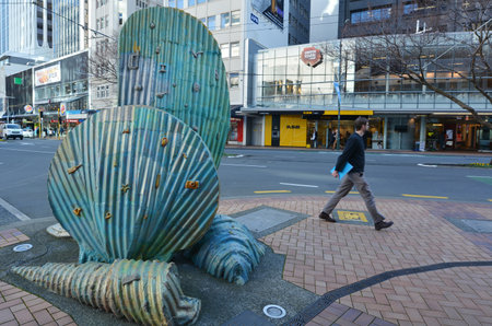 WELLINGTON - AUG 22 2014:Street sculpture on Lambton Quay.It is the heart of the central business district of Wellington, the capital city of New Zealand.のeditorial素材