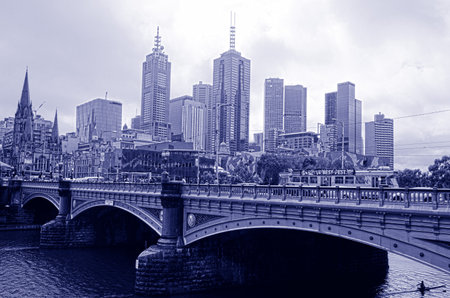 MELBOURNE,AUS - APR 14 2014:Princes Bridge against Melbourne skyline It is an important bridge in central Melbourne built on the site of one of the oldest river crossings in Australia.のeditorial素材