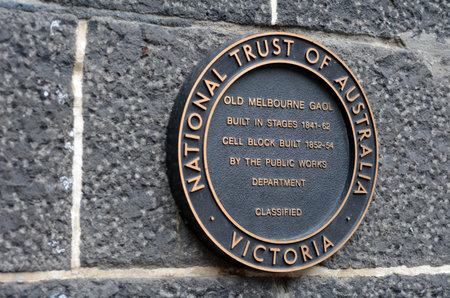 MELBOURNE - APR 11 2014:Old Melbourne Gaol sign, As of 2010, the gaol is recognized as Victoria's oldest surviving penal establishment, and attracts approximately 140,000 visitors per yearのeditorial素材