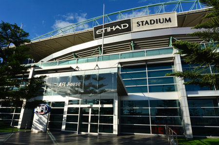 MELBOURNE - APR 14 2014:Etihad Stadium, a multi-purpose sports and entertainment stadium primarily used for Australian rules football and is the headquarters of the Australian Football League (AFL)のeditorial素材