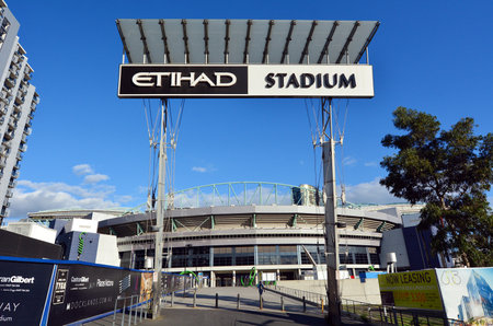 MELBOURNE - APR 14 2014:Etihad Stadium, a multi-purpose sports and entertainment stadium primarily used for Australian rules football and is the headquarters of the Australian Football League (AFL)のeditorial素材