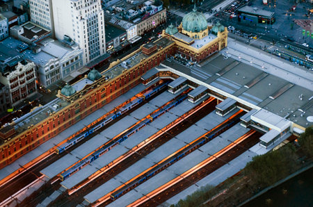MELBOURNE, AUS - APR 10 2014:Aerial view of Flinders Street Railway Station.It was the first railway station in an Australian city and the world's busiest passenger station in the late 1920s.のeditorial素材