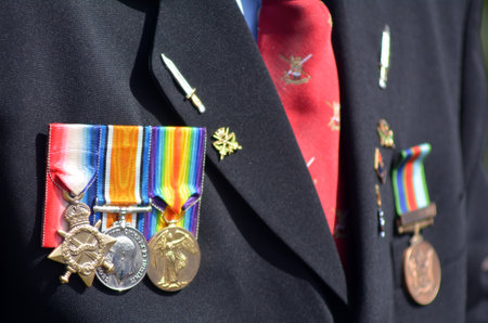 Close up of war medals on New Zealander soldier during a National War Memorial Anzac Day services in New Zealand.のeditorial素材