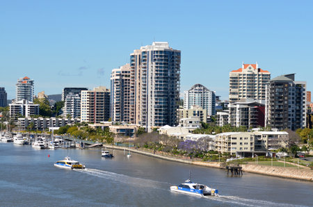 BRISBANE, AUS - SEP 26 2014:Ferry service cruise over Brisbane River.It's the longest river in south east Queensland, Australia,  flows through the city of Brisbane, before emptying into Moreton Bay.のeditorial素材