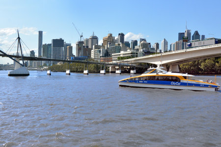 BRISBANE, AUS - SEP 24 2014:Goodwill Bridge with Brisbane Skyline.The city core occupies about 1 square mile (3 sq km) within a sweeping bend of Brisbane river.のeditorial素材