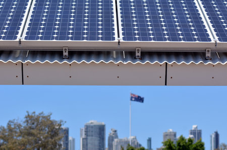 GOLD COAST- OCT 23 2014:Solar panels in Gold Coast, Australia. Solar power in Australia is a relatively recent phenomenon. Currently, it has over 3.2 GW of installed photovoltaic (PV) power in 2014.のeditorial素材
