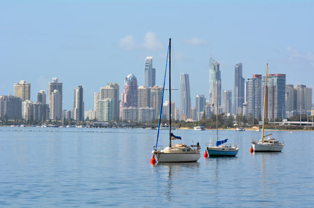 GOLD COAST - SEP 27 2014:Yachts mooring under Surfers Paradise Skyline.It one of Australia's iconic coastal tourist destinations, drawing about 10 million tourists every year from all over the world.のeditorial素材