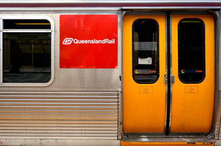 BRISBANE, AUS - SEP 23 2014:Queensland Rail train door.Queensland Rail have 48.5 million customer journeys on the City network (south-east Queensland) per yearのeditorial素材
