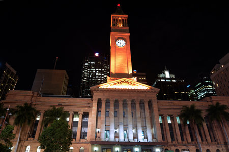 BRISBANE, AUS - SEP 25 2014:Brisbane City Hall at night.The building used for royal receptions,...