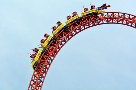 GOLD COAST, AUS -  NOV 06 2014:Visitors ride on Superman Escape in Movie World Gold Coast Queensland Australia.It's an Accelerator Coaster that accelerates from 0 to 100 Km per hour (62 mph) in 2 sec.のeditorial素材