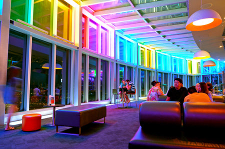 SURFERS PARADISE - NOV 14 2014:Visitors in Skypoint observation deck at night.It located 230 metres 750 ft off the ground at the top of the Q1 on the Gold Coast, Australia.のeditorial素材