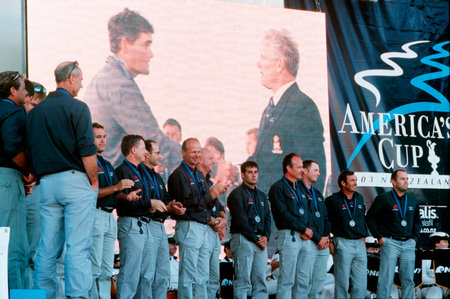 AUCKLAND - MARCH 1:Team Alinghi at the Americas cup final ceremony on March 01 2003 in Auckland New Zealand.It was contested between the holder, Team New Zealand, and the winner of the 2003 Louis Vuitton Cup, Alinghi.のeditorial素材