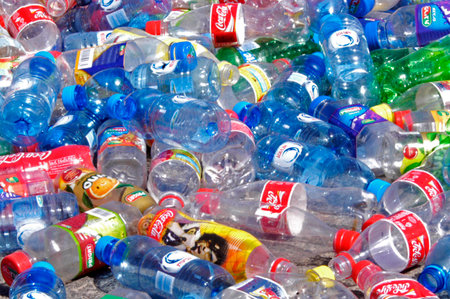 TEL AVIV - SEPTEMBER 25: An empty beverages plastic bottles ready for recycle on September 25 2010 in Tel Aviv, Israel.のeditorial素材