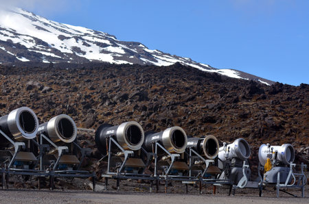 NATIONAL PARK, NZ - DEC 8 2014:Snow Gun Snowmakers in Whakapapa skifield on Mount Ruapehu.Snow making allows ski resorts to improve the reliability of their snow cover and to extend their ski seasons.のeditorial素材