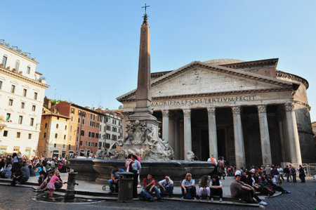 ROME, ITALY - APRIL 28: A crowd gather outside the famous landmark of the Pantheon in Rome, Italy on April 28 2011.のeditorial素材