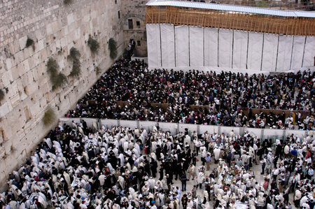 JERUSALEM - OCT 14: Orthodox Jewish pray at the Western Wall during the Jewish holiday of Sukkot on October 14 2008 in Jerusalem, Israel.のeditorial素材