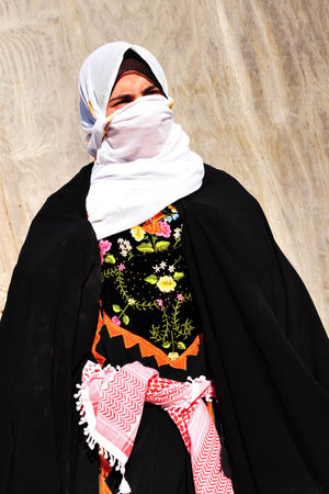 WESTERN NEGEV - NOVEMBER 26:Bedouin girl  traditionally dressed with a burqas in a Lakyia Bedouin village in southern Israel.egev Bedouin are formerly nomadic and later also semi-nomadic Arabs who live by rearing livestock in the deserts of southern Israeのeditorial素材
